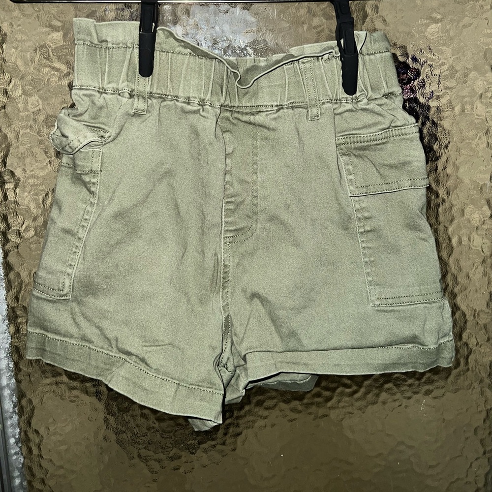 sage green cinched waist shorts